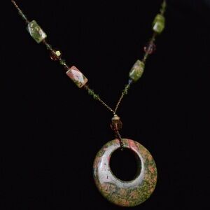 Vintage Unakite stone pendant necklace beaded jewelry signed Essence